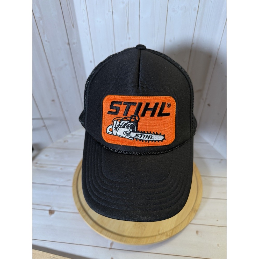 Stihl Otto Trucker Black Foam Mesh Back Hat Cap Chainsaw Logo Patch SnapBack Vtg